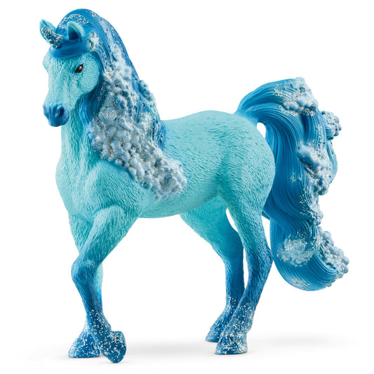 Blue water unicorn mare figurine with shimmering mane and tail, textured body with sparkle details, standing on plain background