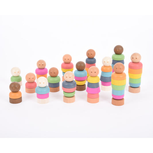 Set of wooden stacking figures with round bead heads and colorful ring bodies in various heights and color combinations