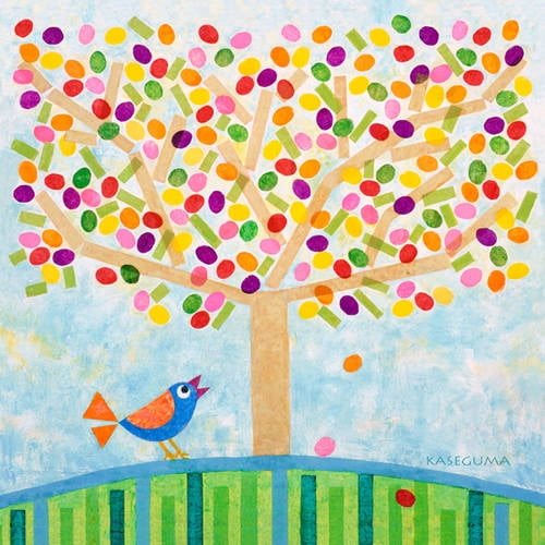 Colorful illustration of a stylized tree with multicolored circular canopy above green striped ground, blue bird in flight, light blue sky background