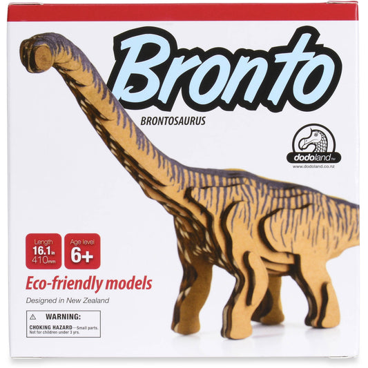 Bronto Brontosaurus dinosaur model kit box showing tan and brown long-necked dinosaur figure, 16.1 inches length, age 6+, eco-friendly cardboard model by Dodola
