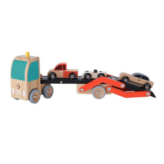 Wooden car transporter toy with turquoise and natural wood cab, black ramp trailer carrying three colorful wooden cars, and red hydraulic lift ramp