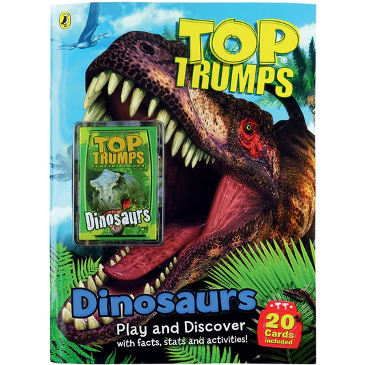 Top Trumps Dinosaurs Play and Discover activity book with 20 collectible cards included, featuring a purple T-Rex with open mouth and game card pack shown on pa