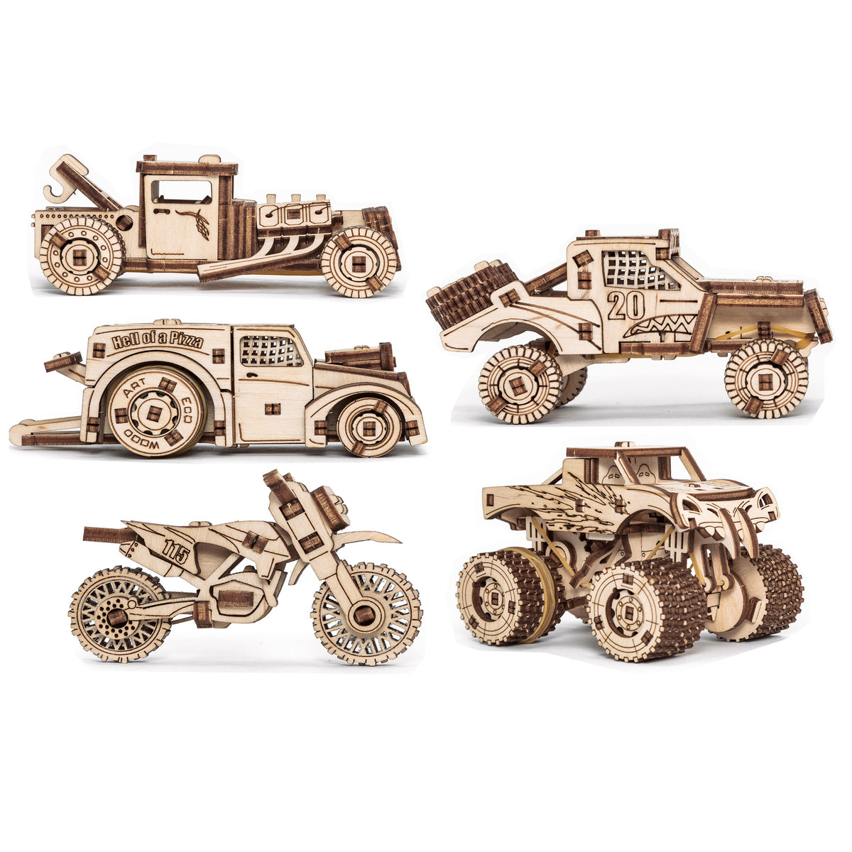 5-in-1 Wooden Vehicles Construction Puzzle Set with truck, pizza car, motorcycle, dump truck, and monster truck models
