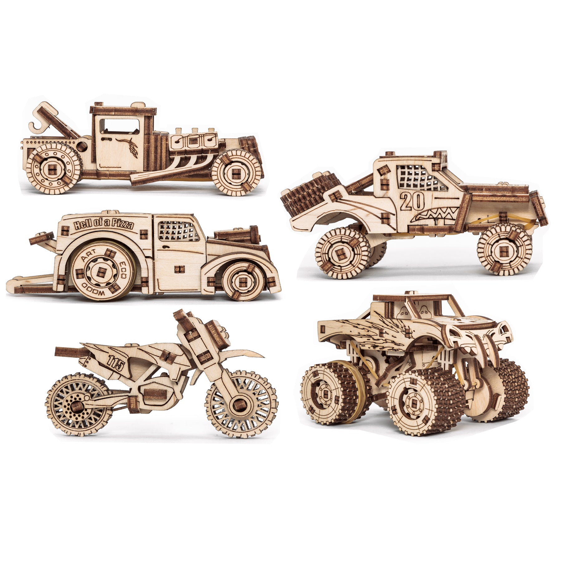 5-in-1 Wooden Vehicles Construction Puzzle Set with truck, pizza car, motorcycle, dump truck, and monster truck models