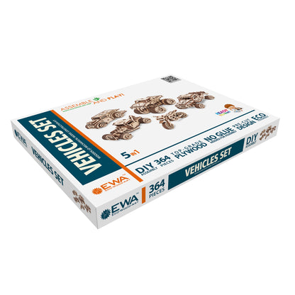 5-in-1 Wooden Vehicles Construction Puzzle Set with 364 pieces, featuring brown wooden car and truck designs