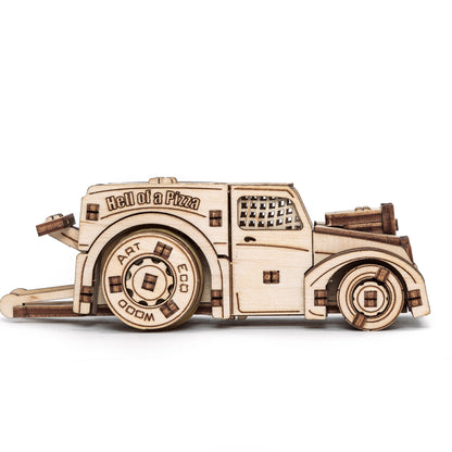 5-in-1 Wooden Vehicles Construction Puzzle Set with pizza delivery truck model, natural wood color