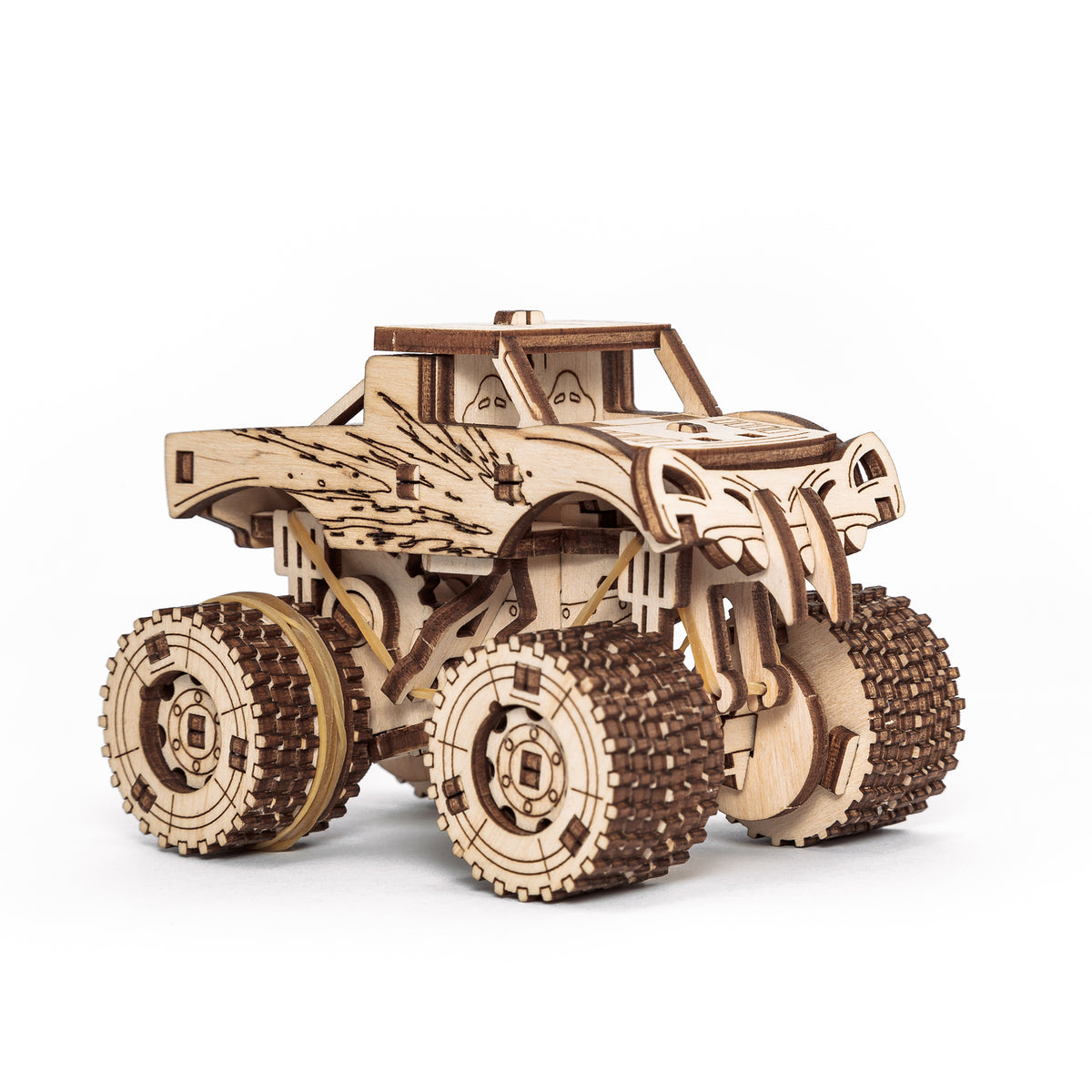 5-in-1 Wooden Vehicles Construction Puzzle Set - Monster truck wooden toy model with textured wheels