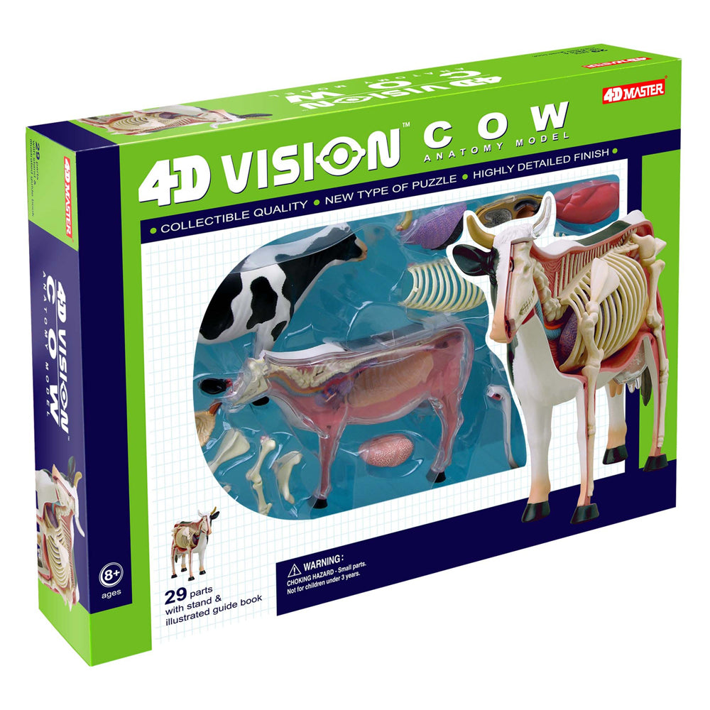 4D Vision Cow Anatomy Model box showing assembled 3D cow skeleton and internal organ puzzle with 29 parts and illustrated guide book