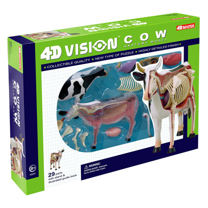 4D Vision Cow Anatomy Model box showing assembled 3D cow skeleton and internal organ puzzle with 29 parts and illustrated guide book