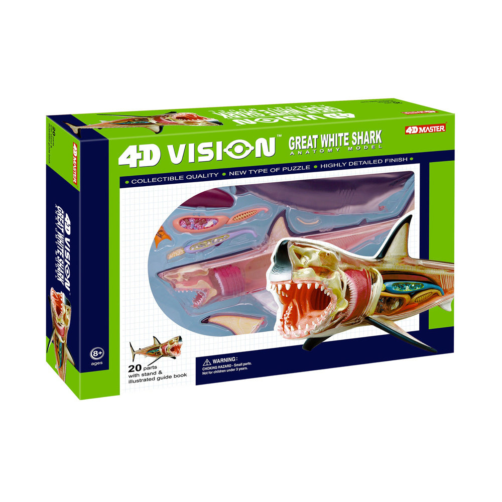 4D Vision Great White Shark Anatomy Model Kit box showing assembled shark model with internal organs visible and 20 detailed plastic parts