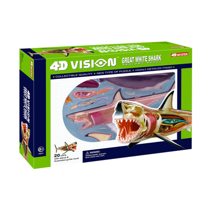 4D Vision Great White Shark Anatomy Model Kit box showing assembled shark model with internal organs visible and 20 detailed plastic parts