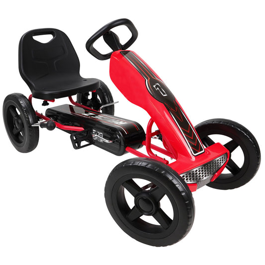 Red and black pedal go-kart with adjustable seat, black steering wheel, and large black wheels on plain background