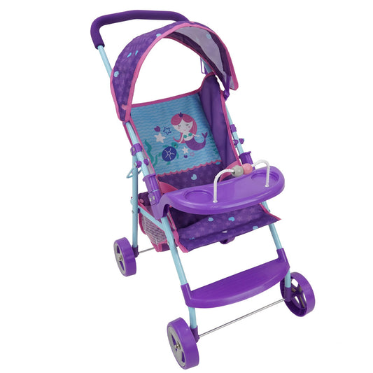 Purple and teal doll stroller with mermaid design, featuring a canopy, removable tray, and rolling wheels