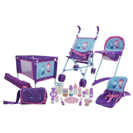 Mermaid-themed doll care playset with purple and turquoise pieces including play pen, stroller, high chair, diaper bag, doll carrier, bottles, plate, and access