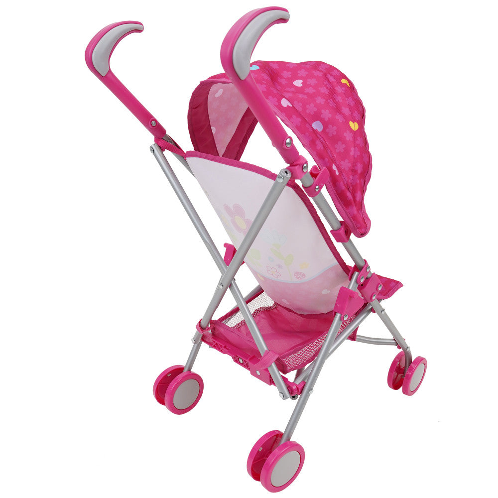 Garden Doll Stroller W/ Retractable Canopy, Safety Harness, Storage Basket