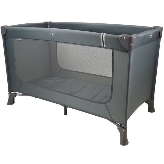 Gray portable play yard with mesh sides and padded bottom, dark brown legs and handles
