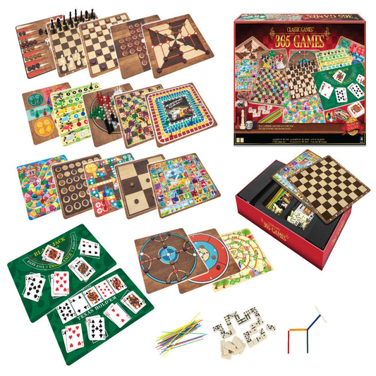 365 Board Games Collection showing game boards and pieces including chess, checkers, playing cards, dominoes, dice, and colorful themed game boards arranged in