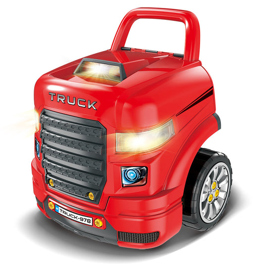 Red ride-on truck with opening hood, light-up headlights and grille, silver wheels, and TRUCK-978 license plate