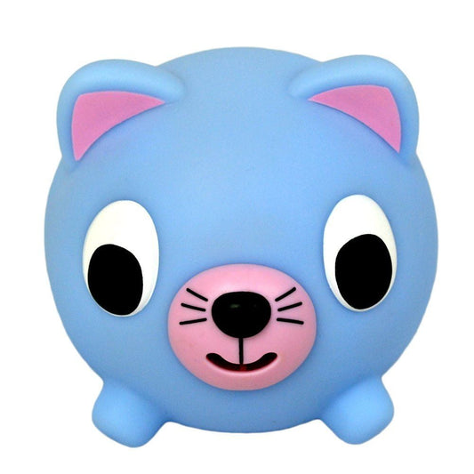 Blue plush cat with pink ears, nose, and mouth, large white eyes with black pupils, smiling expression, squeaky toy on plain background