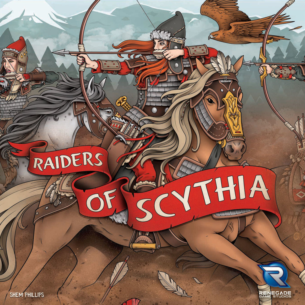 Raiders of Scythia board game box art featuring mounted archers in red armor on horseback with eagle and mountains