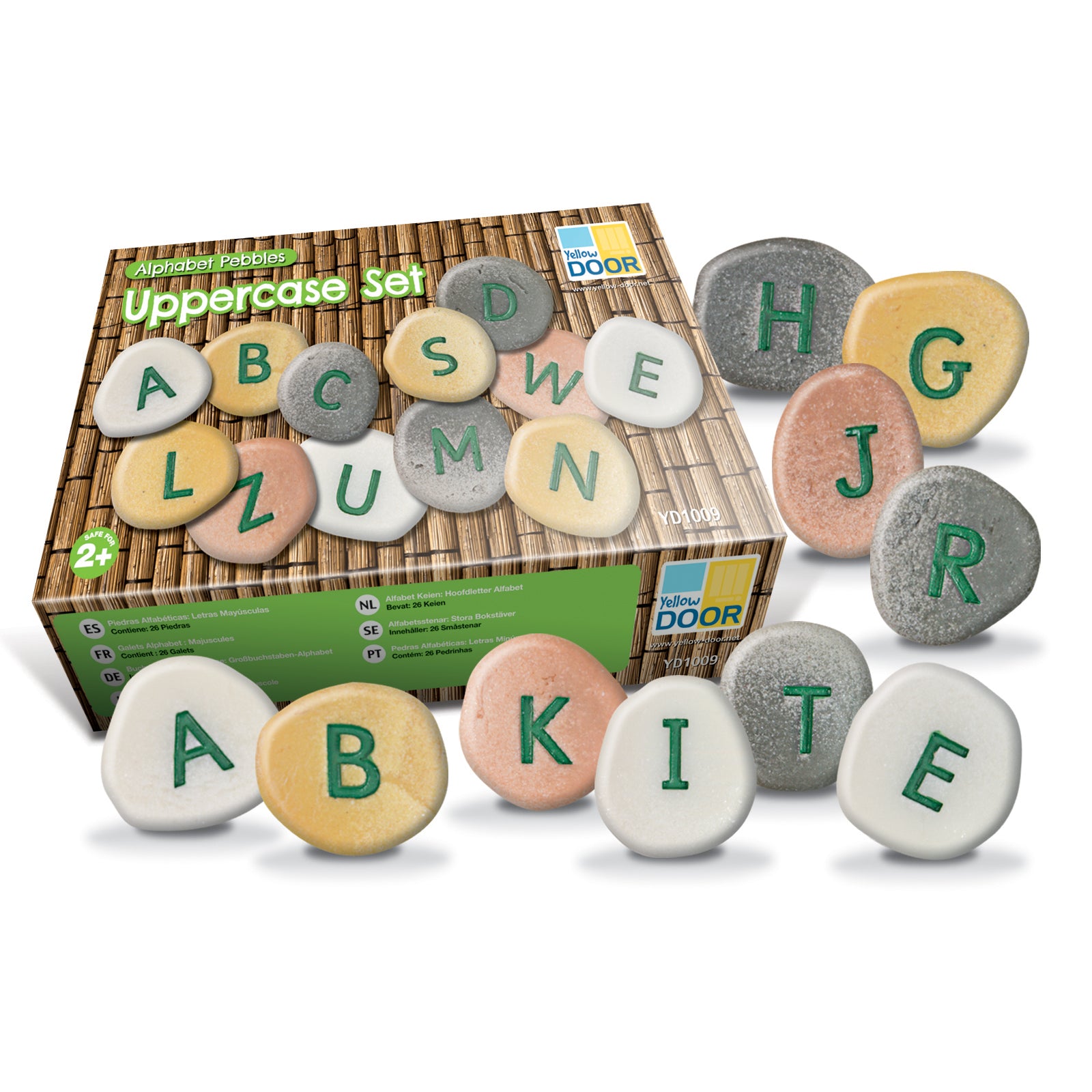 Alphabet Pebbles Uppercase Set with 26 tactile letter stones in white, cream, gray, and pink colors