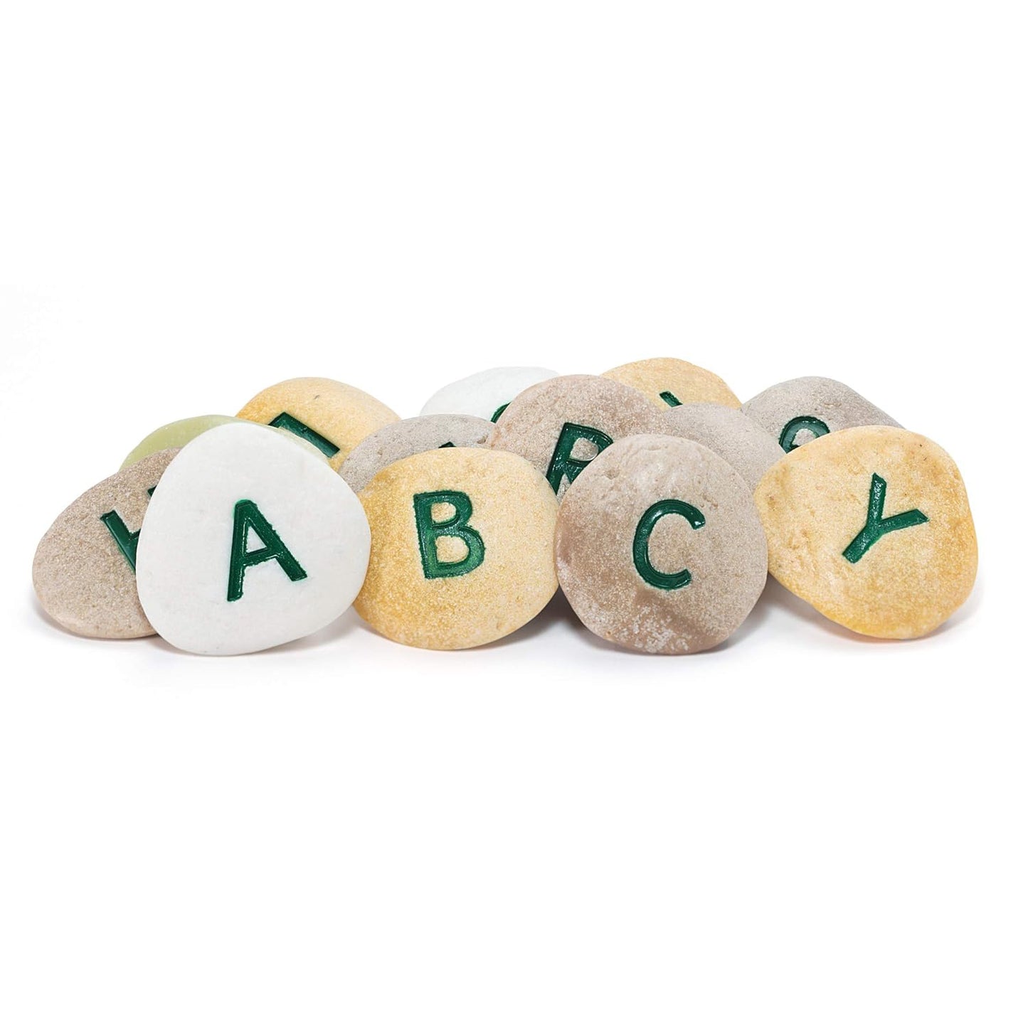Uppercase Alphabet Pebbles Tactile Learning Set showing colorful stone-textured letter tiles A, B, C, Y in natural be...