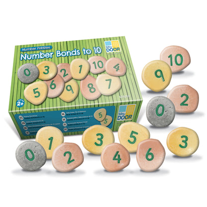 Number Pebbles Number Bonds to 10 sensory sorting set with colorful numbered stones in yellow, pink, and gray