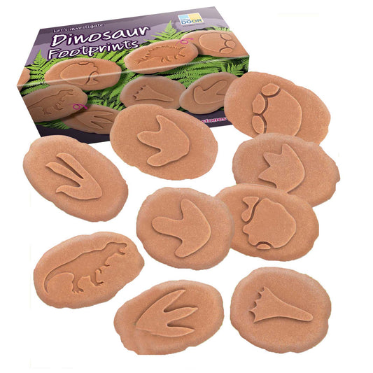 Dinosaur Footprint Fossils Discovery Set with tan clay imprints and original packaging