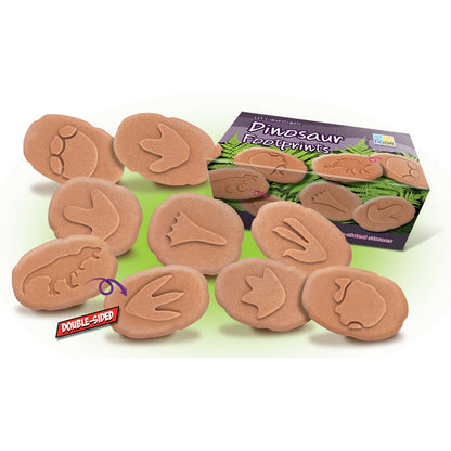 Dinosaur Footprint Fossils Discovery Set with 8 double-sided tan fossil stamps and storage box