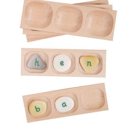 Wooden Word Building Tray with beech wood construction showing letter tiles spelling words