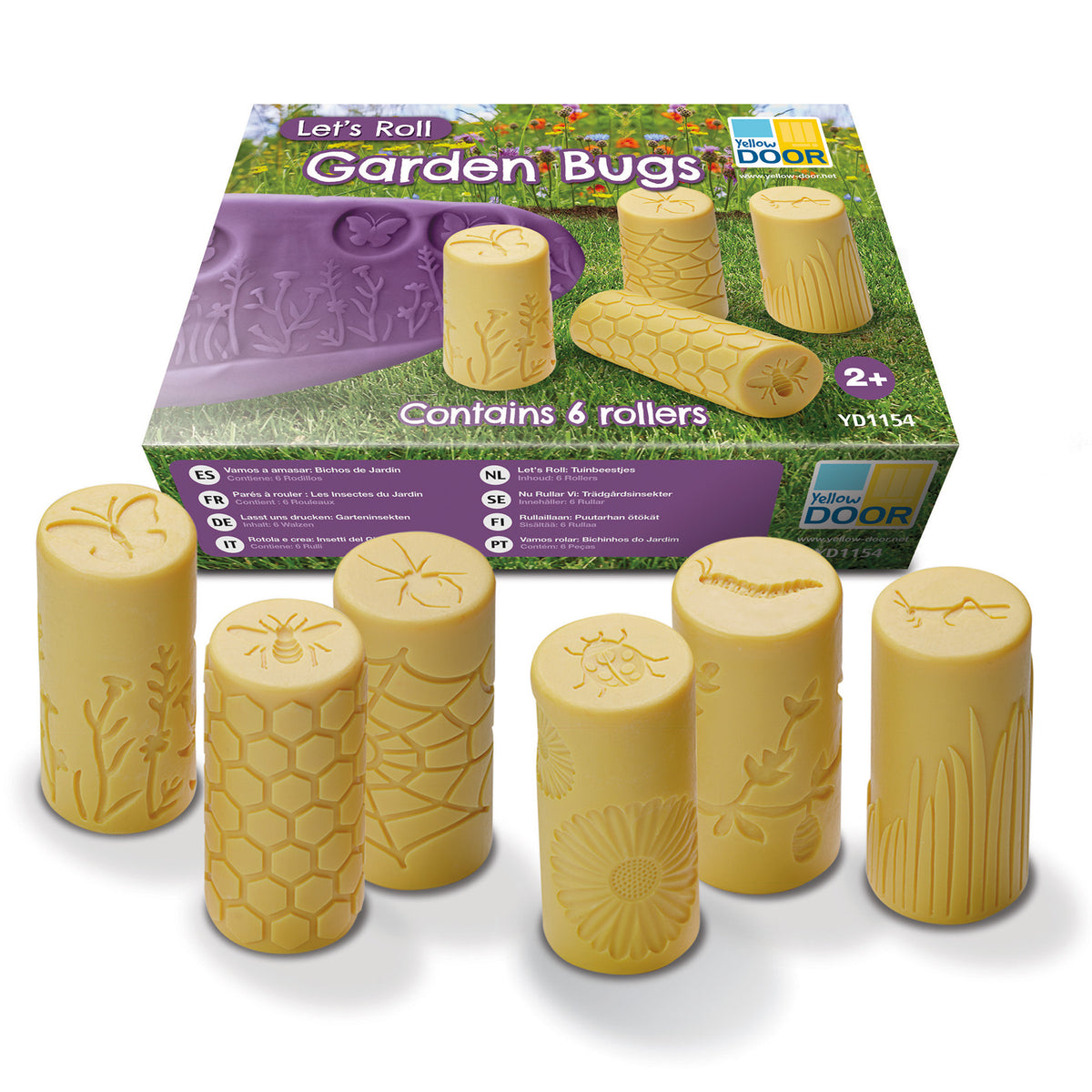 Let's Roll Garden Bugs stamper set with 6 yellow clay rollers featuring bug and plant designs