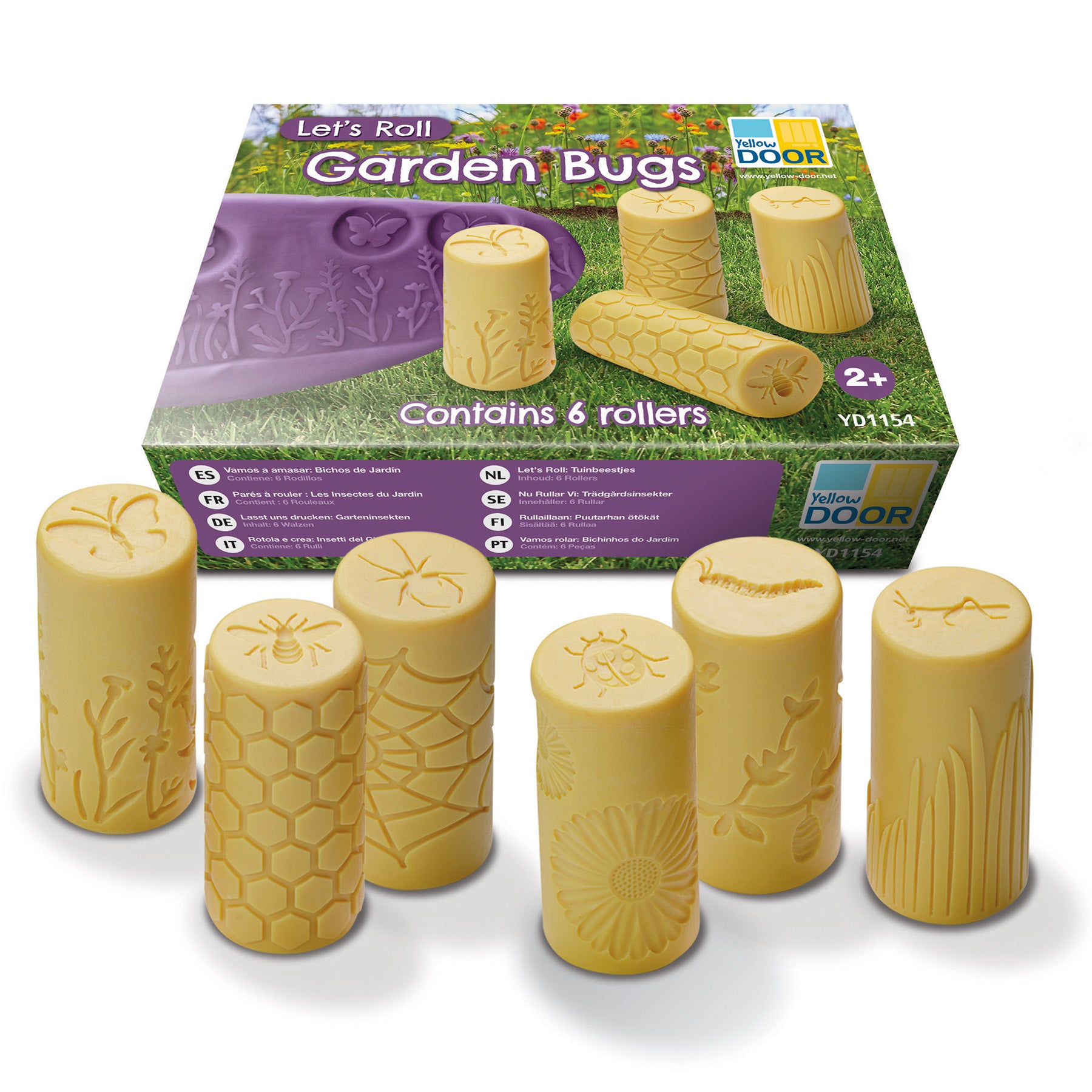 Let's Roll Garden Bugs stamper set with 6 yellow clay rollers featuring bug and plant designs
