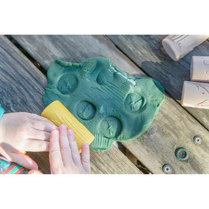Let's Roll Garden Bugs Clay & Dough Stamper Set with green bug-shaped stamper and yellow tool