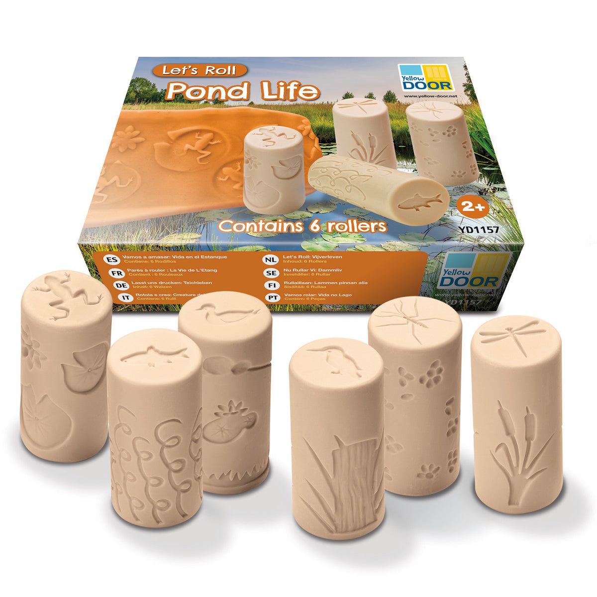 Let's Roll Pond Life 6-piece stamper roller set with cream-colored cylinders featuring pond animal and plant designs