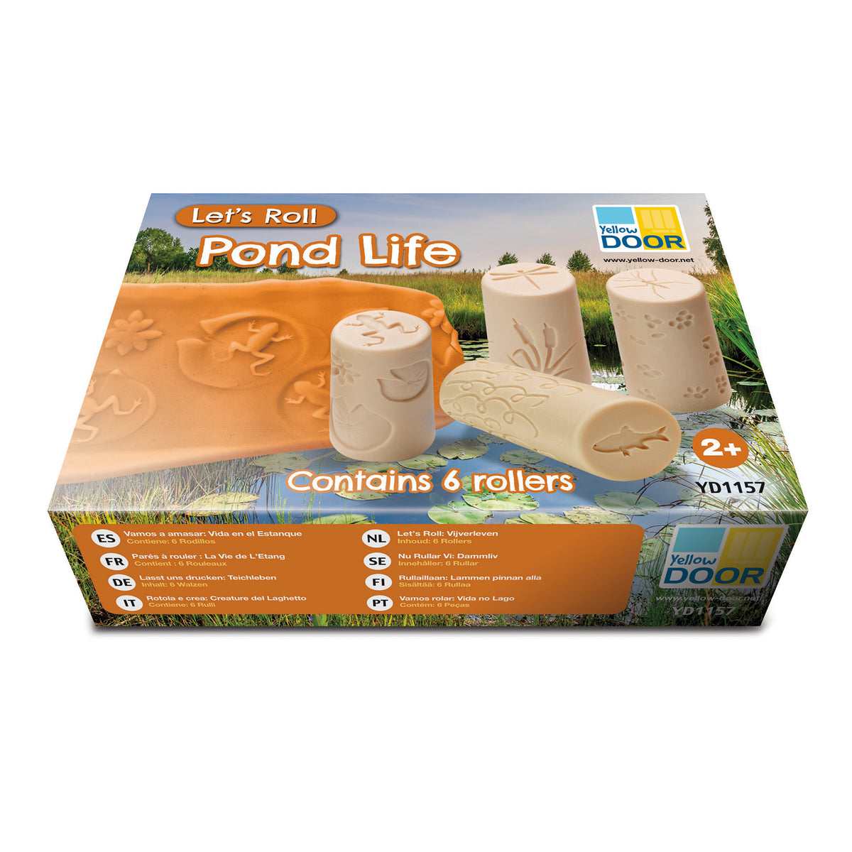 Let's Roll Pond Life 6-piece stamper roller set with cream-colored rollers featuring pond animal designs and orange s...