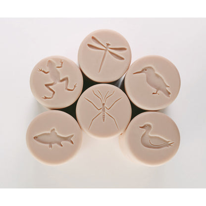Let's Roll Pond Life 6-Piece Stamper Set with beige rollers featuring dragonfly, frog, duck, fish, mosquito, and jump...