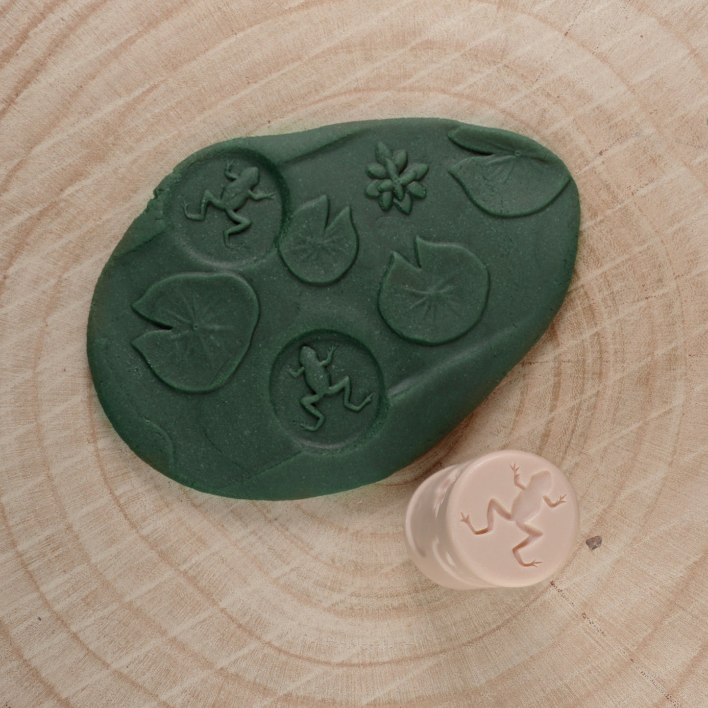 Let's Roll Pond Life Stamper Roller Set showing green mold with lily pads and frogs, pink stamp tool