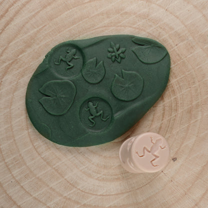 Let's Roll Pond Life Stamper Roller Set showing green mold with lily pads and frogs, pink stamp tool