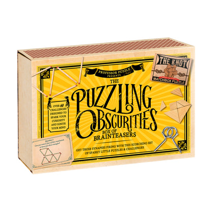 The Puzzling Obscurities Box of Brainteasers by Professor Puzzle, a wooden matchbox puzzle set with over 60 challenges, displayed against plain background