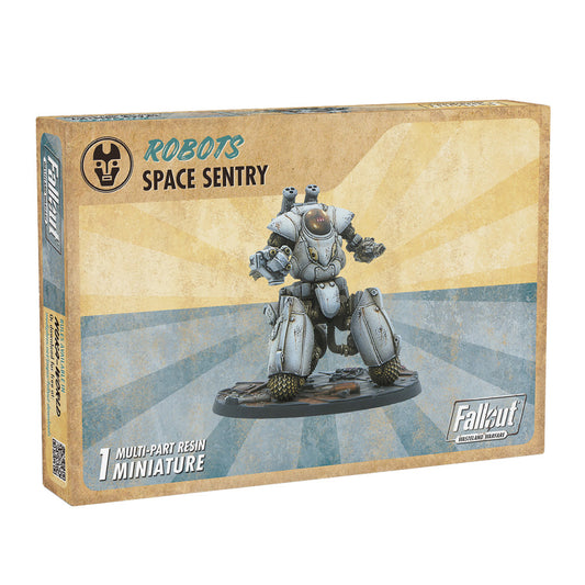 Robots Space Sentry box featuring a white and gray robot miniature with weapons on a display base, labeled as Fallout Wasteland Warfare