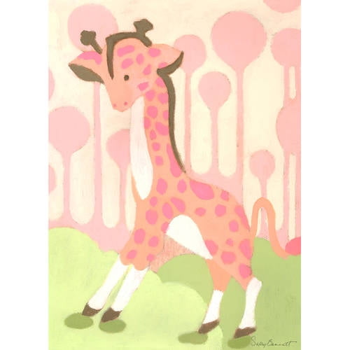 Illustrated pink giraffe with brown spots and white legs standing on green grass, surrounded by pink lollipops on cream background