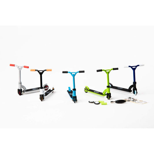Five colorful finger scooters in silver, black, blue, lime green, and navy with matching handlebar grips, displayed with accessories including wheels, tools, an