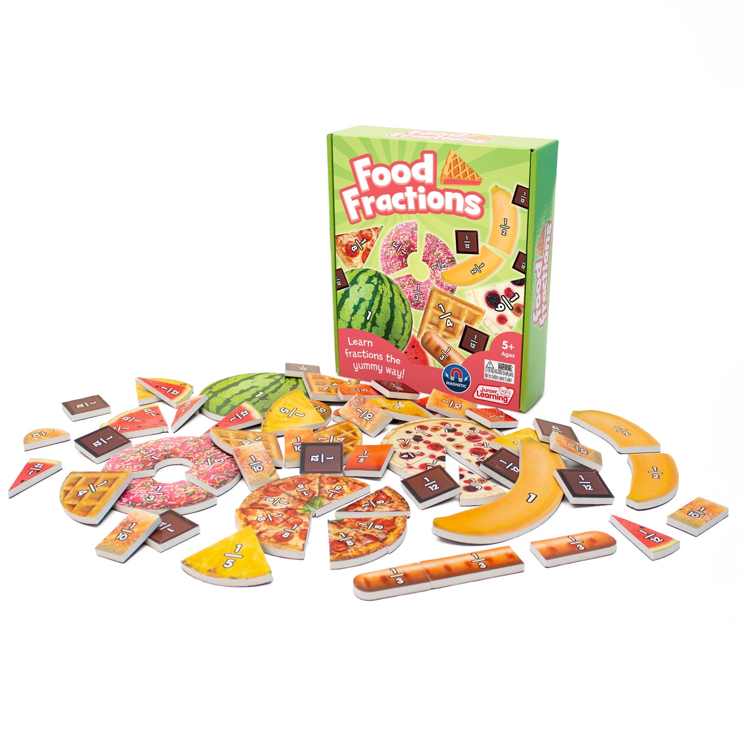Food Fractions Educational Set with colorful pizza, watermelon, and banana pieces showing fraction math learning tiles