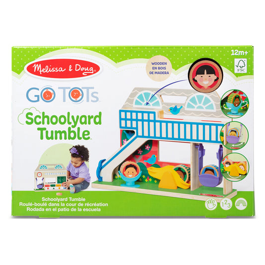 Melissa & Doug GO TOTs Schoolyard Tumble wooden play set with colorful schoolyard structure, tumbling figures, and interactive elements for ages 12 months and u
