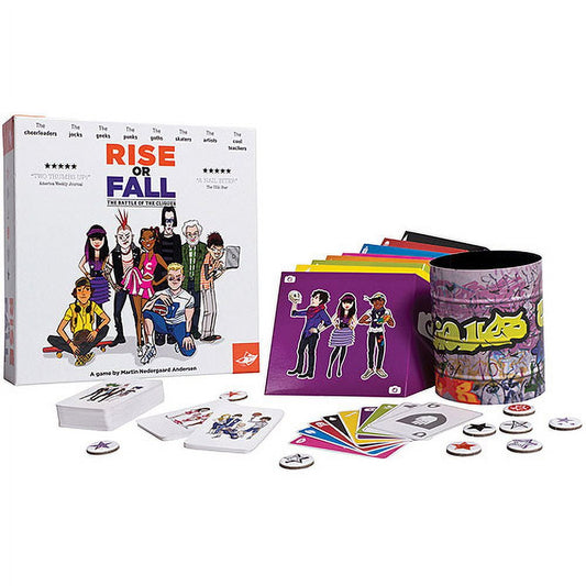 Rise or Fall board game box with colorful character illustrations, game cards, colored tokens, and storage container displayed on plain background