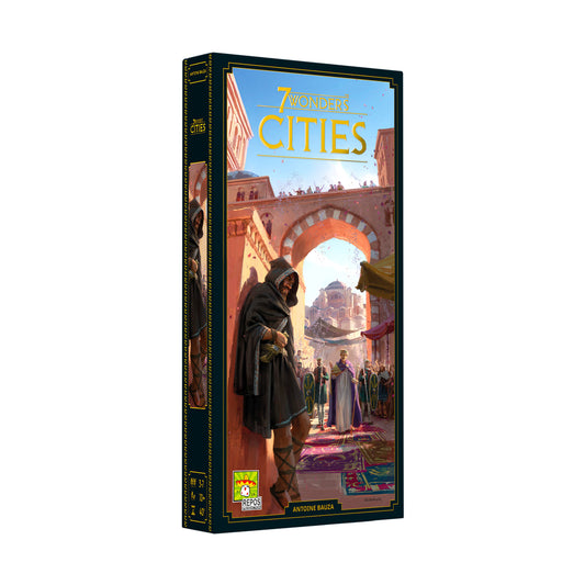 7 Wonders: Cities Expansion New Edition board game box featuring illustrated medieval cityscape with archway and figures in period clothing