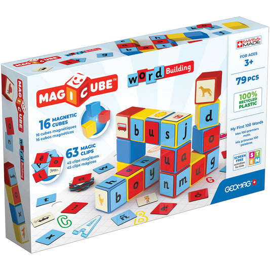 Magicube Word Building set with 16 magnetic cubes and 63 magic clips, featuring colorful red, blue, and yellow blocks with letters stacked to spell words, plus