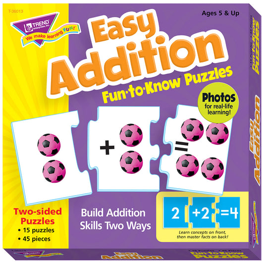 Easy Addition Fun-to-Know Puzzles box showing two-sided puzzle pieces with pink soccer balls demonstrating math equations, Ages 5 & Up