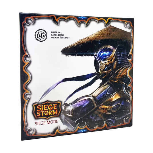 SiegeStorm Siege Mode Strategic Card Game box featuring ornate orange and black border with armored warrior character wielding glowing blue weapon