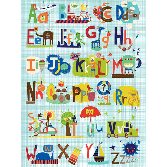 Colorful illustrated alphabet chart with whimsical animals, vehicles, and objects for each letter A-Z on light blue gingham background